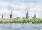 Preview: Postkarte DIN-A6 Aquarell Maritim Kunst Druck Kunstdruck Nordsee Hamburg - Binnenalster - Kleiner Binnensee - HH1